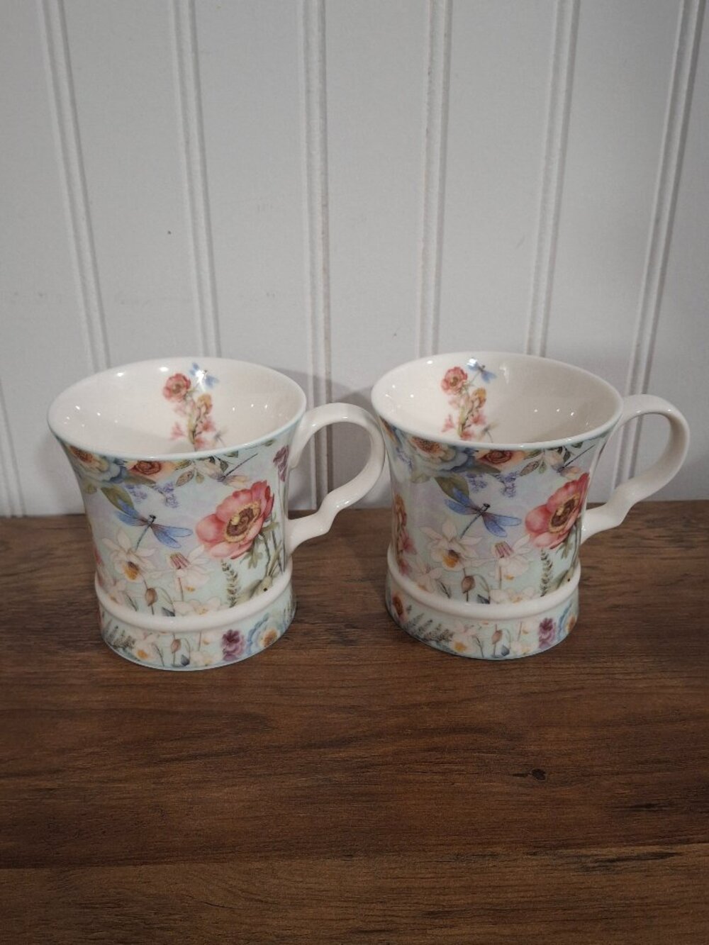 Two Porcelain Tea Coffee Mugs Summer Rover Flowers Butterflies Cottagecore